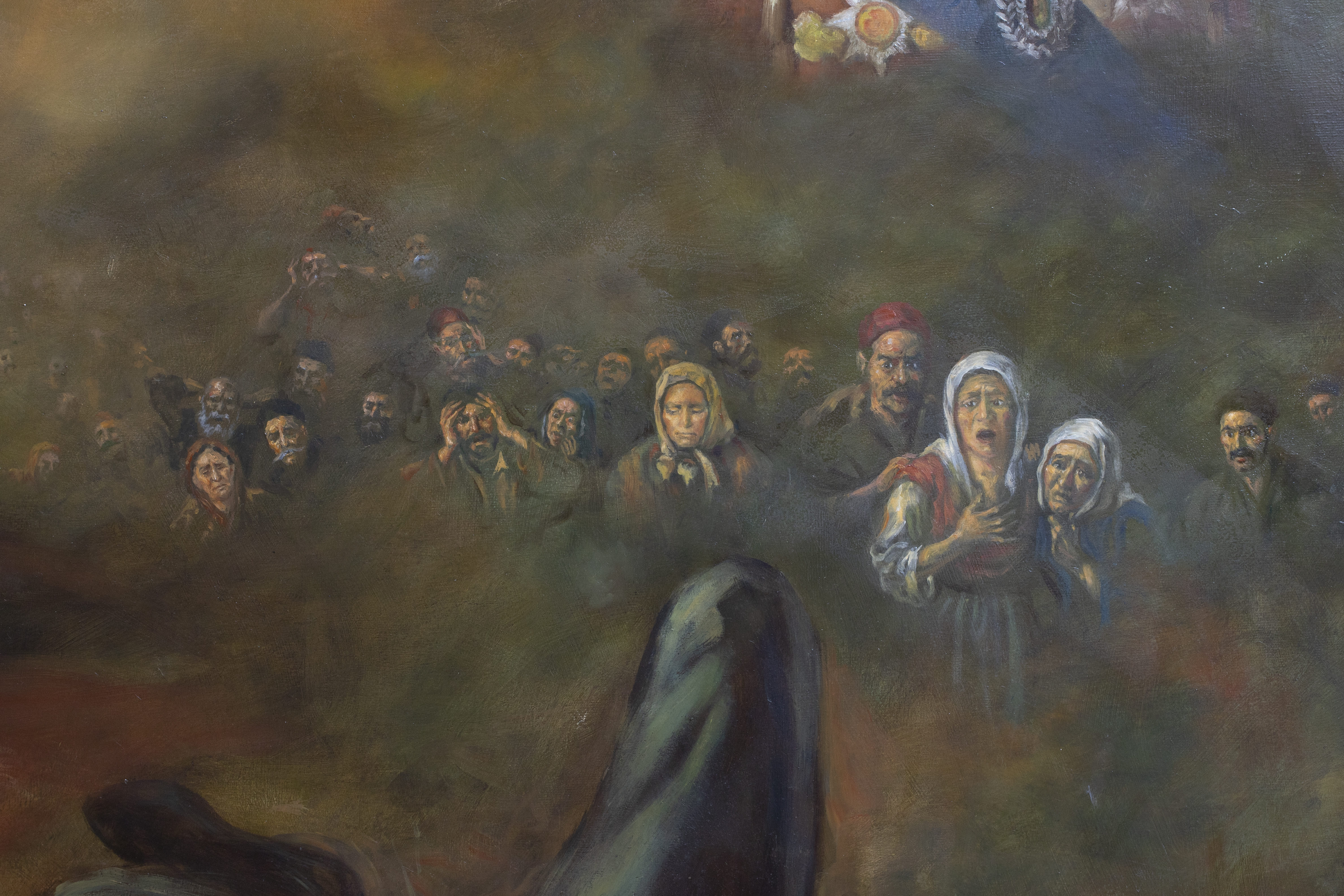 Ulje na platnu koje predstavlja srpski narod koji tuzno i zgrozeno leda u ubijenog Karadjordja i njegovo mrtvo telo kako lezi na zemlji